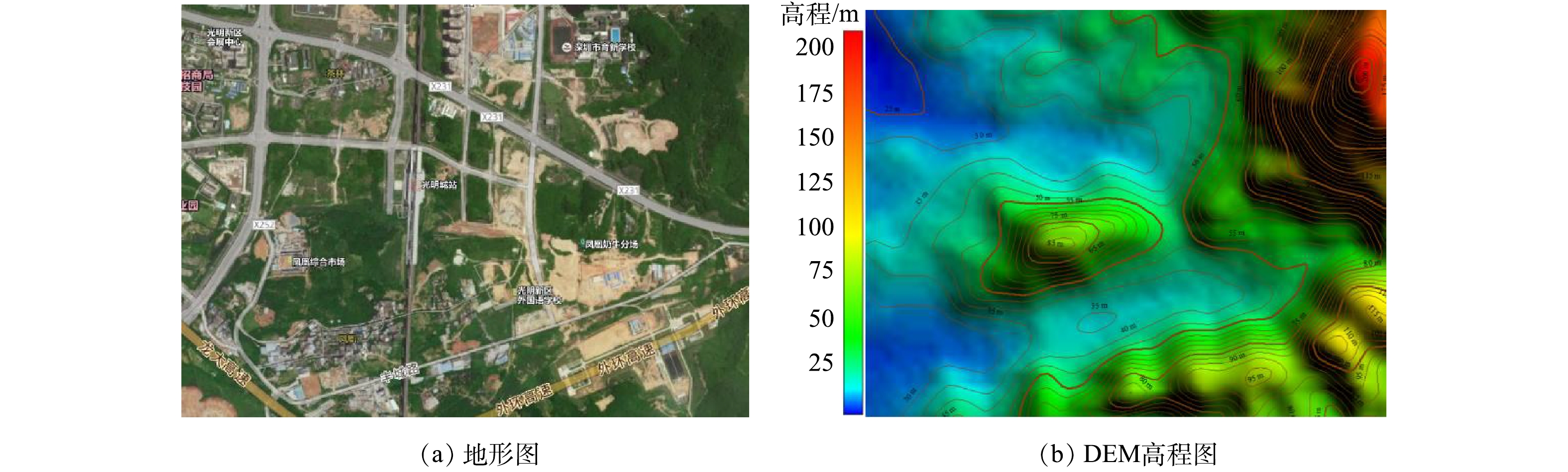 图 3        g区域地形图及dem高程图